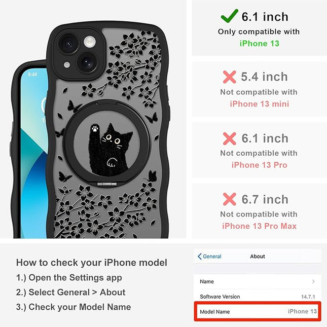 Wavy Case for iPhone 13 Case with Stand [Compatible with MagSafe] Cute Black Cat & Floral & Butterflies Pattern Design, Kawaii 360 Magnetic Ring Kickstand Phone Cover for Women Girls