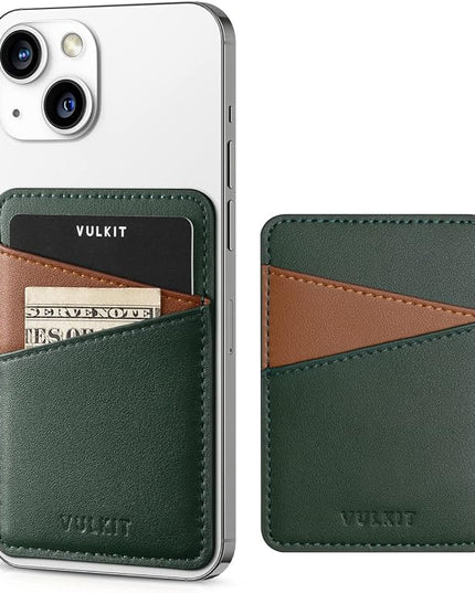 VULKIT Phone Card Holder Wallet Leather Adhesive Pocket RFID Blocking Credit Card Sleeves Stick Back of Phone Smartphones Green