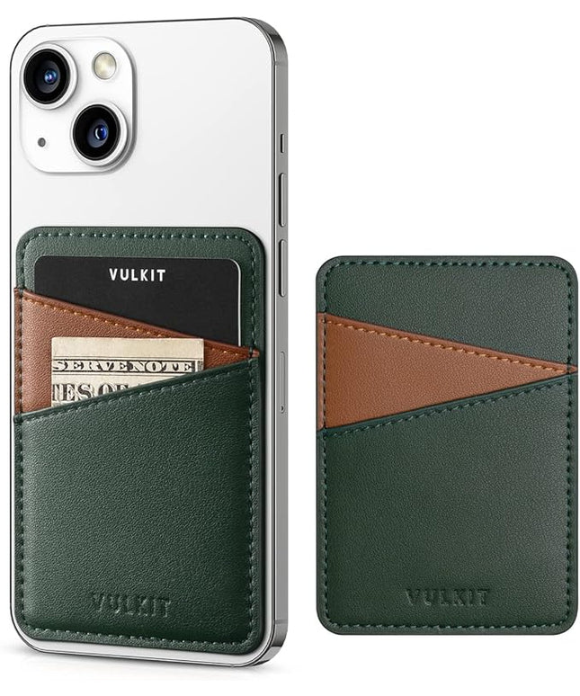 VULKIT Phone Card Holder Wallet Leather Adhesive Pocket RFID Blocking Credit Card Sleeves Stick Back of Phone Smartphones Green