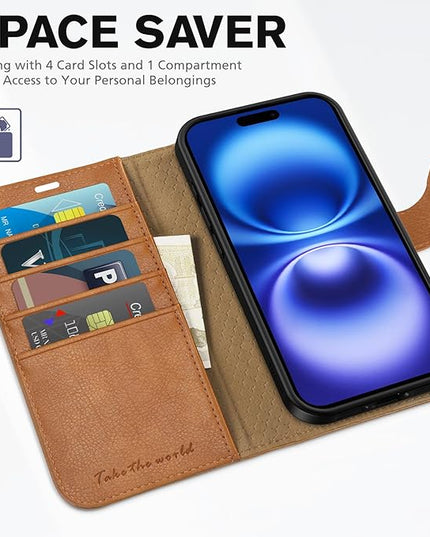 TUCCH Case for iPhone 16 Case Wallet, [TPU Shockproof Inner Shell], Kickstand PU Leather [RFID Blocking] 4 Card Holder Magnetic Stand Protective Cover Compatible with iPhone 16 5G, Light Brown