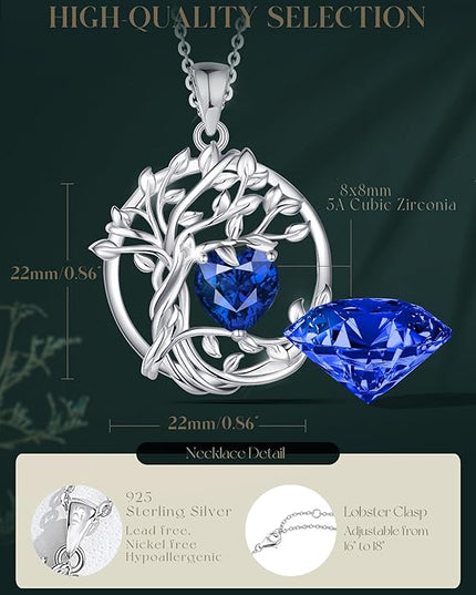 FANCIME Tree of life Birthstone necklace Sterling Silver Pendant Birthstone Necklace Gemstone Anniversary Birthday Jewelry Christmas Gifts for Mom Her Wife