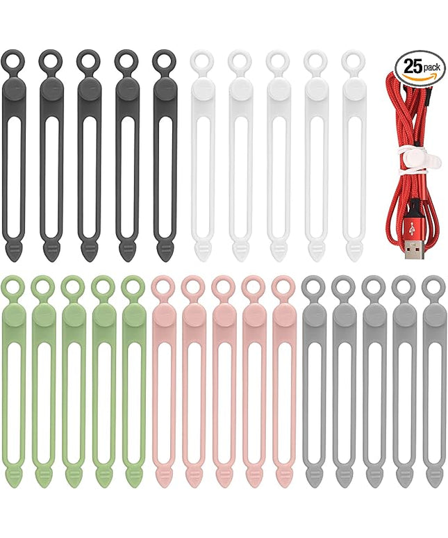 25 Pcs Silicone Cable Ties, Reusable Cable Straps Wire Organizer, Cable Management Cord Organizer for Fastening Earphone Phone Charger Home Office Desk Kitchen Appliances Cable Cords Wires