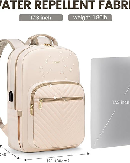 LOVEVOOK Laptop Backpack for Women 17.3 inch,Cute Womens Travel Backpack Purse,Professional Laptop Computer Bag,Waterproof Work Business College Teacher Bags Carry on Backpack with USB Port,Off-white