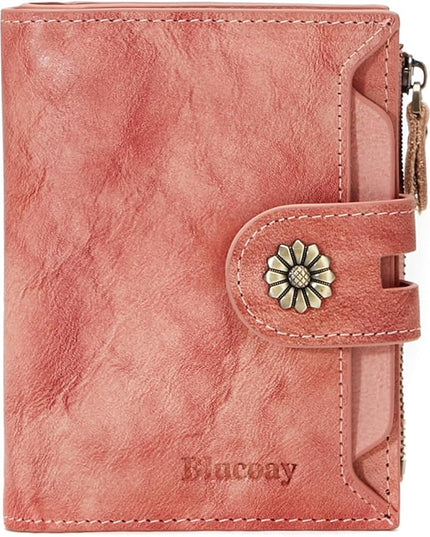 Blucoay Wallet Women,RFID Blocking Leather Womens Wallet Bifold Compact Card Holder Small Wallet for Women with Removable ID Window Pink