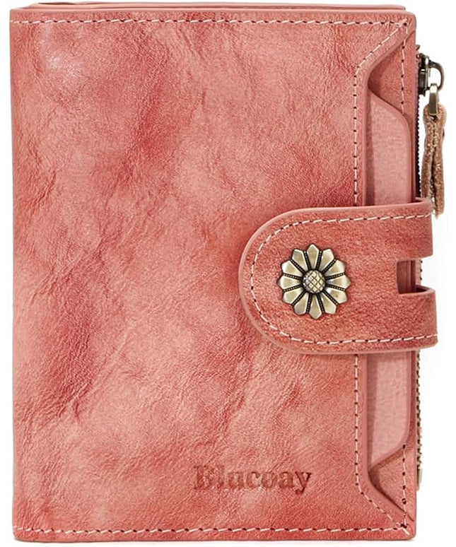 Blucoay Wallet Women,RFID Blocking Leather Womens Wallet Bifold Compact Card Holder Small Wallet for Women with Removable ID Window Pink