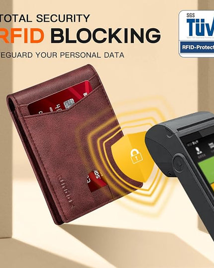 RUNBOX Wallet for Men Slim Leather Bifold RFID Blocking Minimalist Front Pocket Design with Gift Box