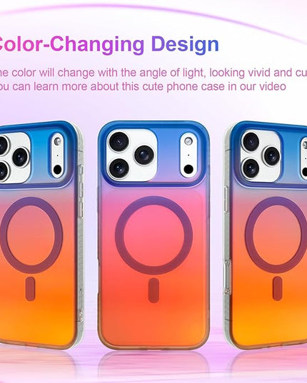 Aesthetic Case for iPhone 17 Pro Case for Women Girls [Compatible with Magsafe] Cute Girly Trendy Glitter Sparkly Rainbow Magnetic Protective Phone Cover, Matte Iridescent Blue & Orange