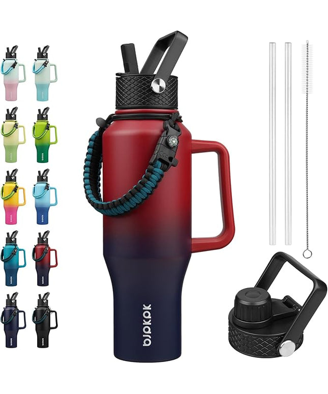 BJPKPK Insulated Water Bottles with Straw Lid, 35oz Metal Water Bottle with 2 lids & Paracord Strap, Double Wall Stainless Steel Tumbler with Handle, Reusable Cups, Mugs, Thermo, Charming Red