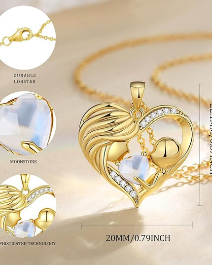 FANCIME Mom Birthstone Necklace Mother and Child Love Heart Necklace I Love You Mom Gifts Mothers Day Birthstone Jewelry Gifts for Grandmother Women Wife, 16"+2" Inches