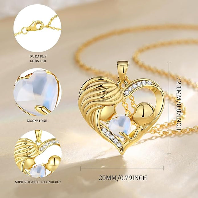 FANCIME Mom Birthstone Necklace Mother and Child Love Heart Necklace I Love You Mom Gifts Mothers Day Birthstone Jewelry Gifts for Grandmother Women Wife, 16"+2" Inches