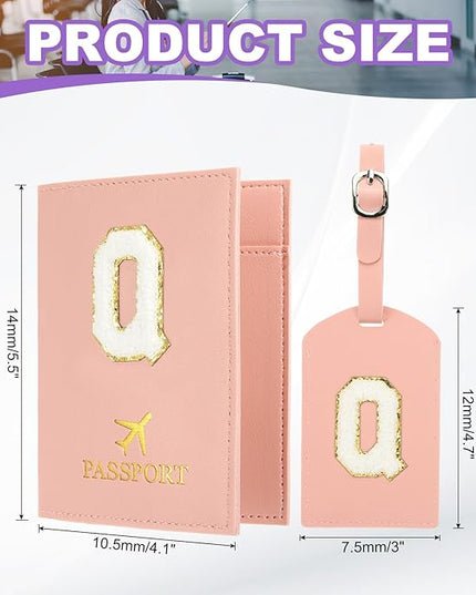 PATIKIL Passport Holder for Travel, Initial Passport Cover and Luggage Tag Set with Alphabet Chenille Letter Patch Travel Wallet Bag Suitcase Identifier for Women Family Travel Pink Q