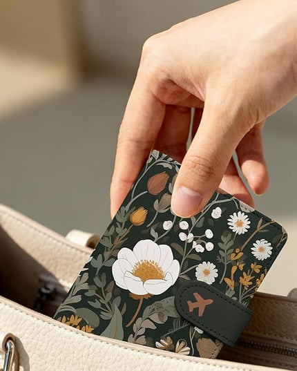 Passport Holder, Travel Wallet Cover with Pen Loop | Cute RFID Blocking Leather Case with Magnetic Closure for Travel Essentials-flower