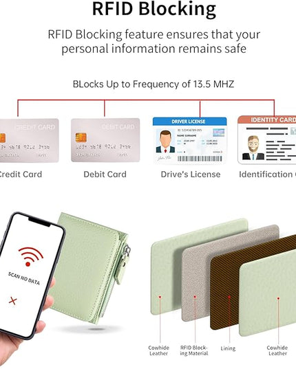 ilovever Small Wallet Women Soft Leather RFID Blocking Card Holder with Zipper Pocket Bifold wallet,Green