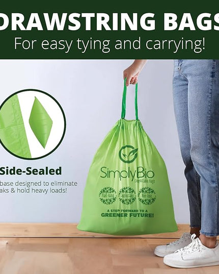 Simply Bio 13 Gallon Compostable Trash Bags Liners Drawstring, Heavy Duty Extra Thick 1 Mil, 49.21 Liter, 30 Bags, Tall Kitchen Food Scrap Waste Bag, ASTM D6400, US BPI and OK Compost Home Certified