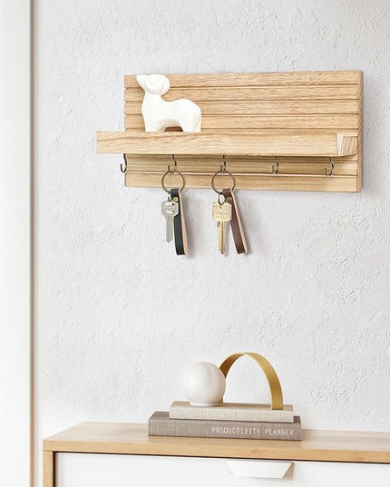 Lwenki Decorative Key Holder for Wall with Shelf, Entryway Shelf with Hooks Holds Leashes, Jackets and Glasses – Sturdy Wood Keyholder Entrance Hanger with Mounting Hardware (Wood, Medium)