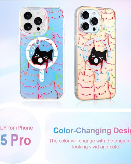 Cute Case for iPhone 15 Pro Case for Women Girls Boys [ Compatible with Magsafe ] Iridescent and Black Cats Cat Pattern Design, Kawaii Colorful Animal Soft Bumper Protective Phone Cover