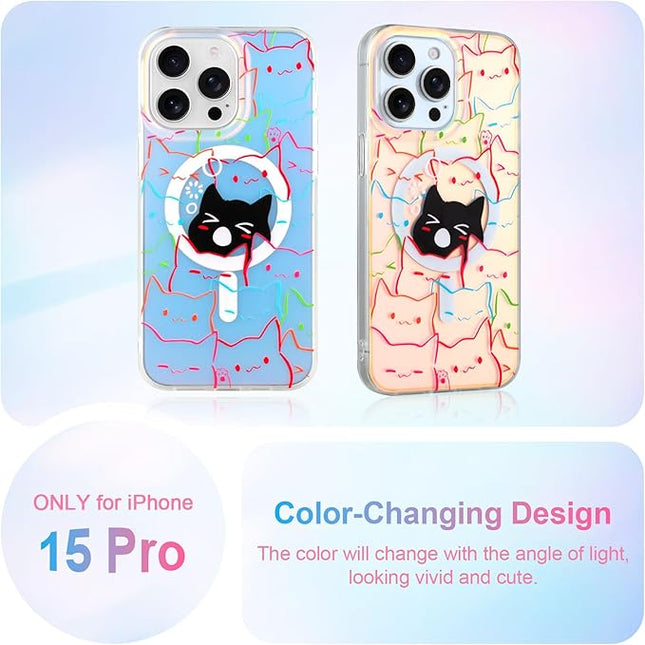 Cute Case for iPhone 15 Pro Case for Women Girls Boys [ Compatible with Magsafe ] Iridescent and Black Cats Cat Pattern Design, Kawaii Colorful Animal Soft Bumper Protective Phone Cover