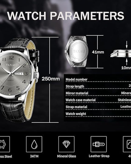 Mens Leather Watch Large Face Classic Quartz Mens Analog Watches Luxury Dress Watches for Men Waterproof Men's Wrist Watch Easy Read with Date Number Dial Relojes para Hombre