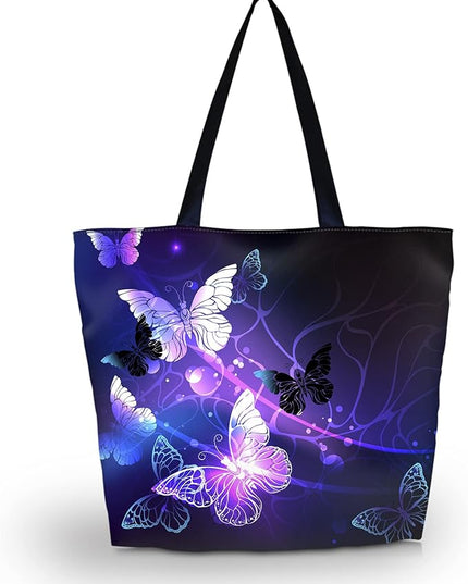 Large Eco Reusable Eco-friendly Shopping Bag Handle Case Bag Travel Totes Bag (Purple Butterfly)