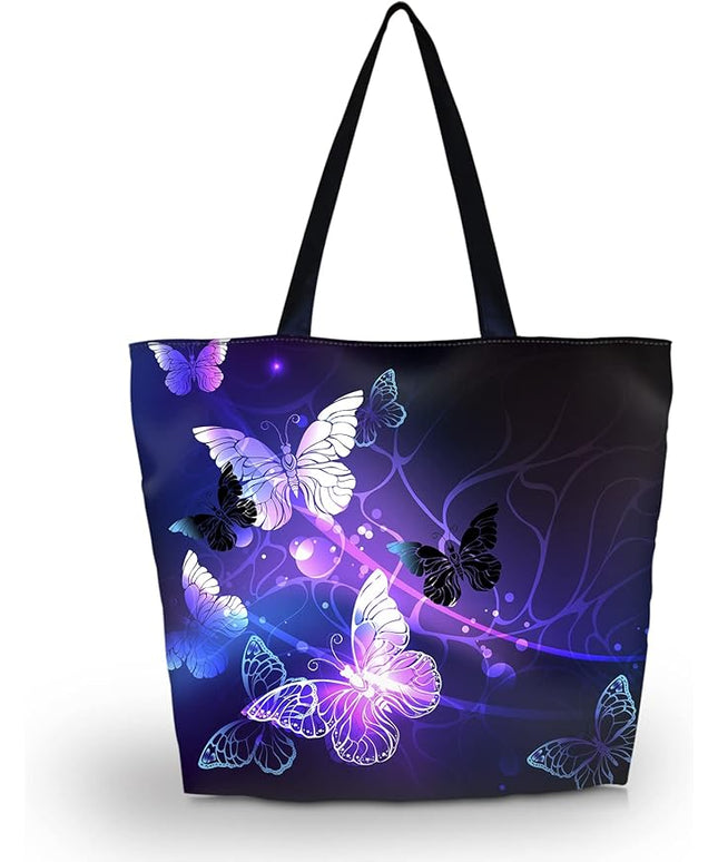 Large Eco Reusable Eco-friendly Shopping Bag Handle Case Bag Travel Totes Bag (Purple Butterfly)