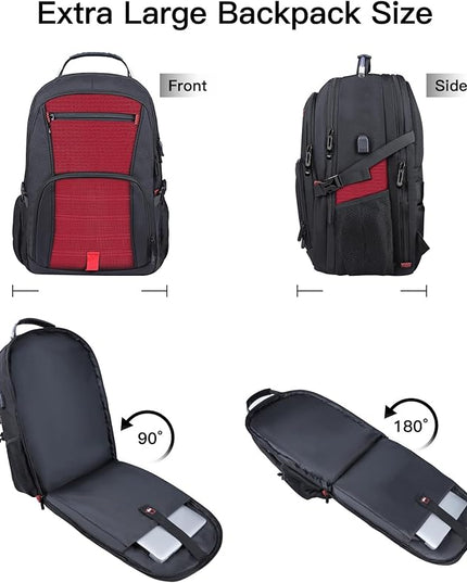 Extra Large Backpack, Travel Laptop Backpack, Sturdy TSA Water Resistant 17.3 Inch Carry on Backpacks with USB Port, Anti Theft Business Computer Backpacks Gifts for Men Women, Red