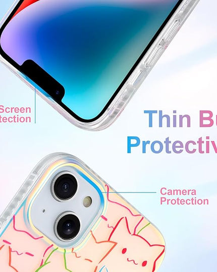 Cute Case for iPhone 14 Plus & iPhone 15 Plus Case for Women Girls Boys [ Compatible with Magsafe ] Iridescent and Black Cats Cat Pattern Design, Colorful Kawaii Animal Protective Phone Cover