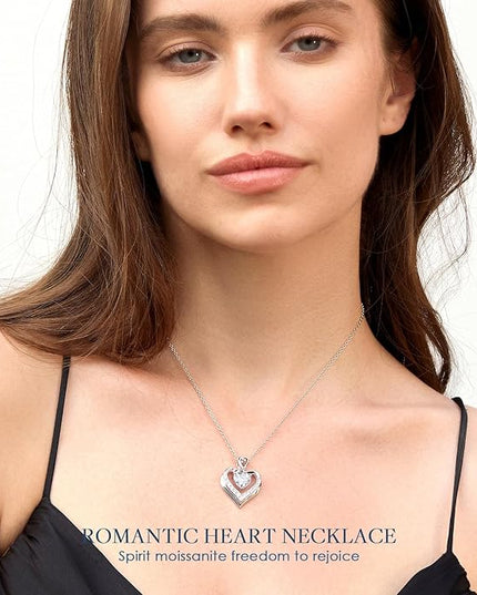 Beam & Bask 2-3 Ct Moissanite Double Heart Pendant Necklaces for Wife, 18K Gold Plated S925 Silver Jewelry for Women Girlfriend Mom Her on Anniversary Birthday