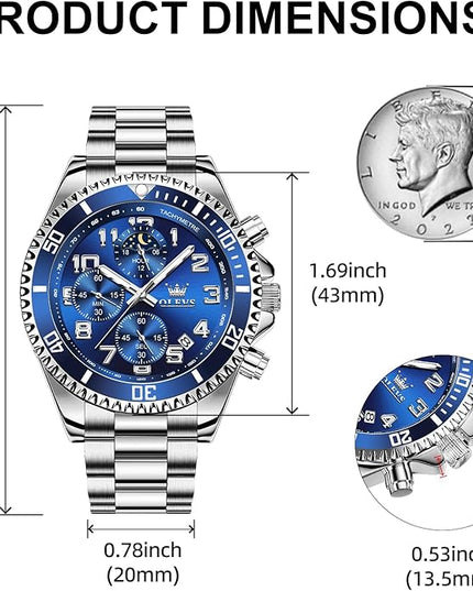 OLEVS Mens Watches Chronograph Watch Luxury Dress Stainless Steel Waterproof Watches for Men Moon Phase Luminous Business Calendar Wrist Watch Blue/Black/Green/Gold/Face