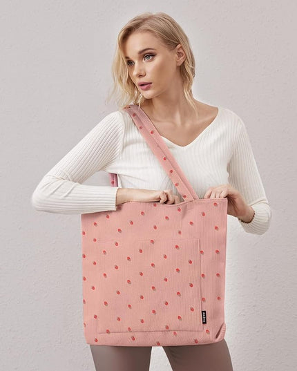 Prite Corduroy Tote Bag for Women Large Shoulder Bag with Zipper and Pockets for College Work Travel Shopping