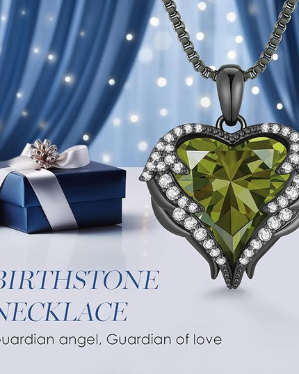 CDE Christmas Gifts for Women Angel Wings Necklace for Women with Birthstone, Love Heart Silver Tone/Gold Tone Pendant, Ideal Anniversary or Birthday Jewelry Gifts for Wife Girlfriend Her
