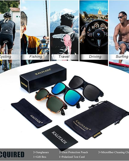 KALIYADI Sunglasses Men Polarized Sun glasses for Mens Womens Classic Matte Black Frame UV Protection 3pack