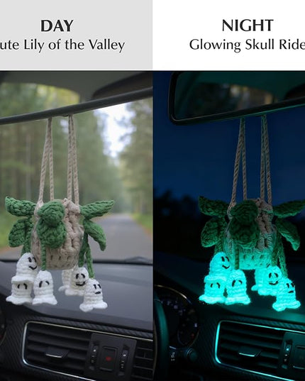 Handmade Crochet Hanging Car Air Freshener - Glow-in-the-Dark Lily of the Valley Plant with 12ml Refillable Essential Oil Diffuser Bottle, Halloween Car Accessories & Bedroom Nightlight Decor