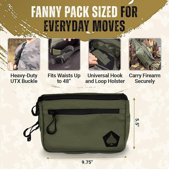 HighSpeedDaddy Carry Fanny Pack - 500D Water-Resistant Nylon, Quick Access CCW Pocket, YKK AquaGuard Zippers, EDC Bag with Adjustable Waist (upto 49"), Everyday Carry for Men & Women - Green