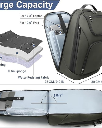 hk Business Smart Backpack for Men Anti-Theft for 17.3 Inch Laptop with USB Charging Port Water-Resistant Large Durable Compact 30L for Travel College Work-Green