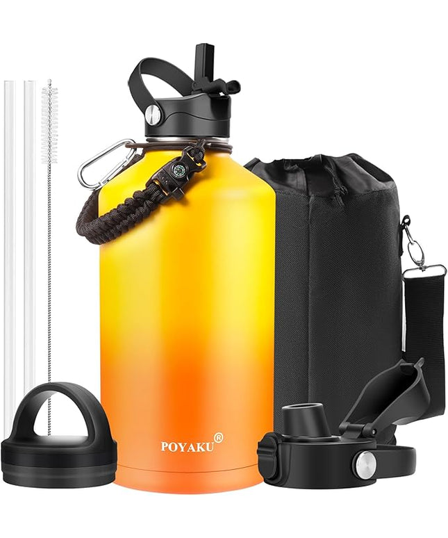Water Bottle Insulated 32oz 40oz 64oz 128oz Straw Lid Spout Lid & 3 Lids, Leak Proof, Vacuum Insulated,Stainless Steel Water Bottle Wide Mouth for Sports, Gym or Office