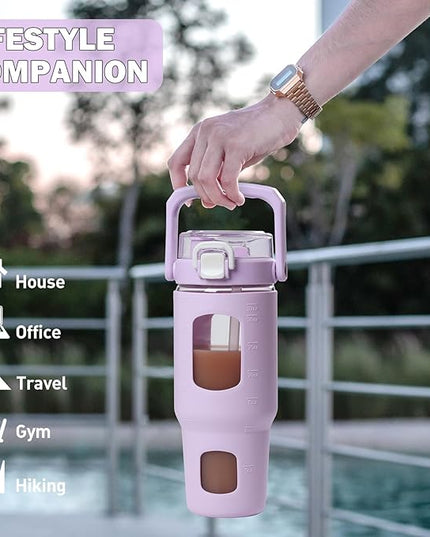 BLUEGO 32oz Glass Tumbler with Lid and Handle, Iced Coffee Cup with Straws, Glass Water Bottle with Silicone Sleeve and Volume, Marker Glass Cup with Time Marking, BPA Free, Purple
