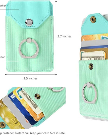 RFID Card Holder & Ring Stand for Smartphones - Adhesive Wallet for iPhone & Android - Polyester Green