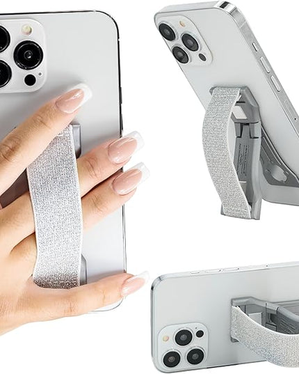 LOVEHANDLE PRO Premium Phone Grip - Elastic Phone Strap - Magnetic Phone Mount and Kickstand for Smartphone and Tablet - Silver Glitter