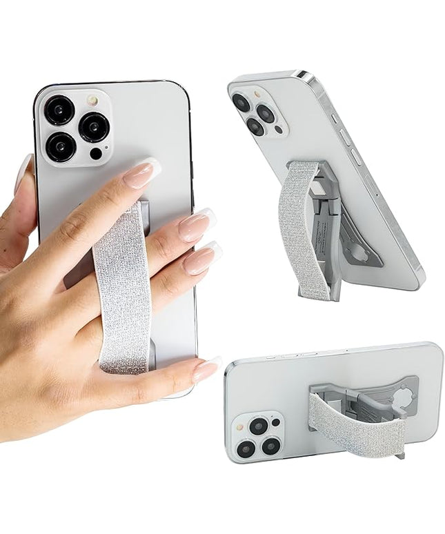 LOVEHANDLE PRO Premium Phone Grip - Elastic Phone Strap - Magnetic Phone Mount and Kickstand for Smartphone and Tablet - Silver Glitter