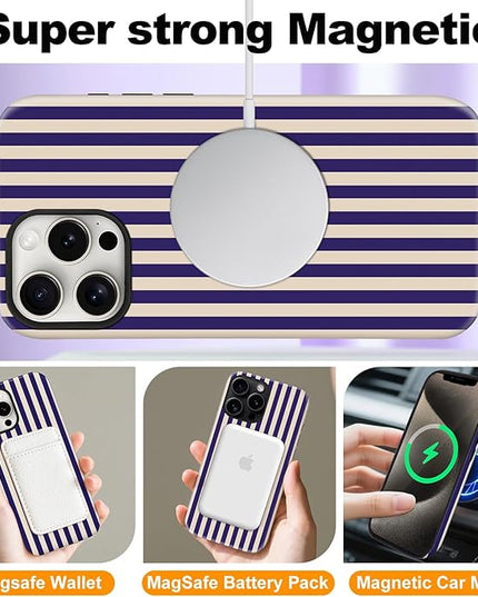 Magnetic for iPhone 13/14 Case Cute Stripes Phone Case, Shockproof Slim TPU and Hard PC Protective Phone Cover Compatible with MagSafe Designed for Women Girls, Deep Purple