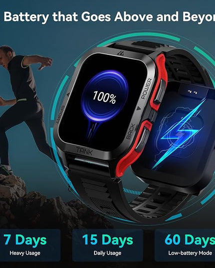 AMAZTIM Smart Watch, 60 Days Extra-Long Battery, 50M Waterproof, Rugged Military Bluetooth Call(Answer/Dial Calls), 1.85" Ultra Large HD Display, AI Voice Assistant, Compatible for Android and iOS-Red