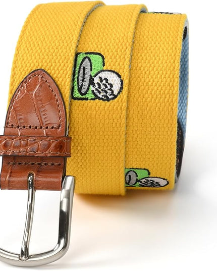 Mile High Life Golf Belts for Men, Canvas Belt with Genuine Leather Tips, Embroidered 2 Layer Web Belt with Pin Buckle