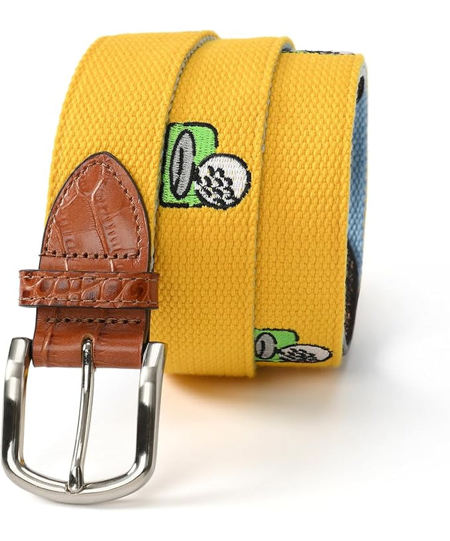 Mile High Life Golf Belts for Men, Canvas Belt with Genuine Leather Tips, Embroidered 2 Layer Web Belt with Pin Buckle