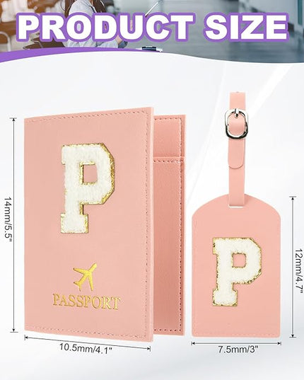 PATIKIL Passport Holder for Travel, Initial Passport Cover and Luggage Tag Set with Alphabet Chenille Letter Patch Travel Wallet Bag Suitcase Identifier for Women Family Travel Pink P
