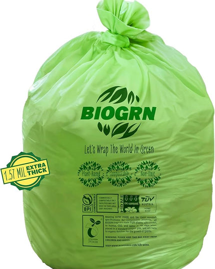 30-33 Gallon Compostable Trash Bags Flat-Top 30 Bags Heavy Duty1.57 Mil, 124.92 Liter Large Lawn and Yard Waste Bag green for Outdoor Garden ASTM D6400, US BPI and OK Compost Home Certified