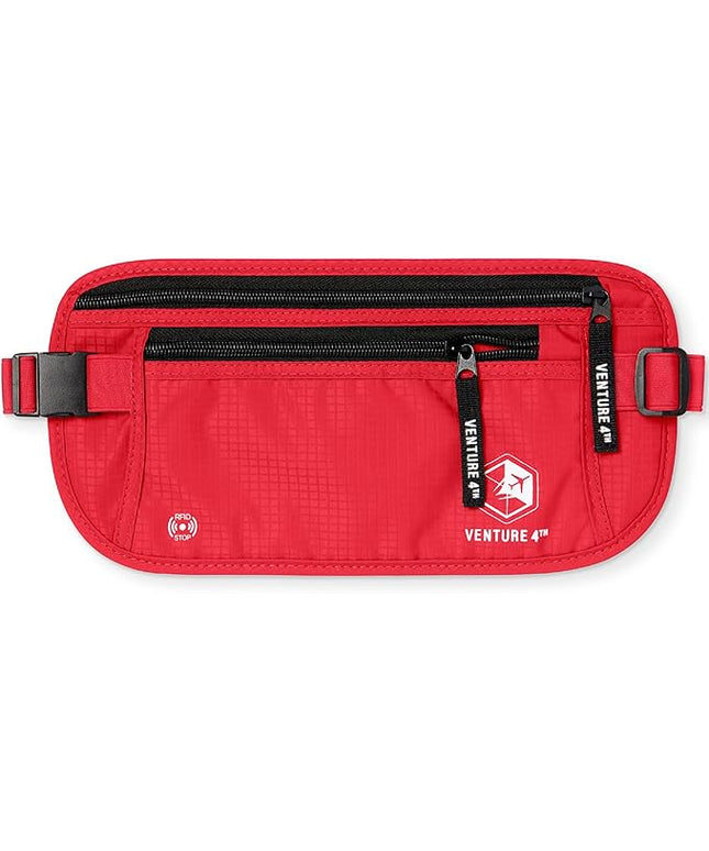 VENTURE 4TH Money Belt for Travel – Hidden Under-Clothes RFID Blocking Passport Holder & Slim Travel Wallet Pouch for Men & Women to Protect Cash, Cards & Documents (Red)