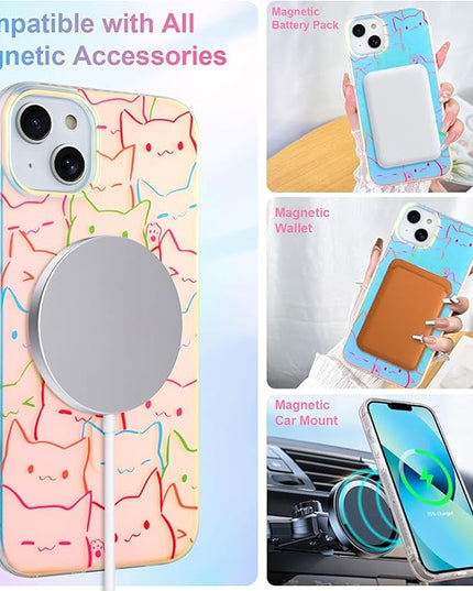 Cute Case for iPhone 13 & 14 Case for Women Girls Boys [ Compatible with Magsafe ] Iridescent and Black Cats Cat Pattern Design, Kawaii Colorful Animal Soft Bumper Protective Phone Cover