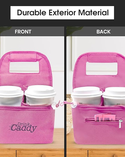 Drink Caddy Portable Drink Carrier and Reusable Coffee Cup Holder - 4 Cup Collapsible Tote Bag with Organizer Pockets Safely Secures Hot and Cold Beverages (Pink)