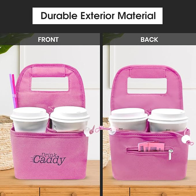 Drink Caddy Portable Drink Carrier and Reusable Coffee Cup Holder - 4 Cup Collapsible Tote Bag with Organizer Pockets Safely Secures Hot and Cold Beverages (Pink)