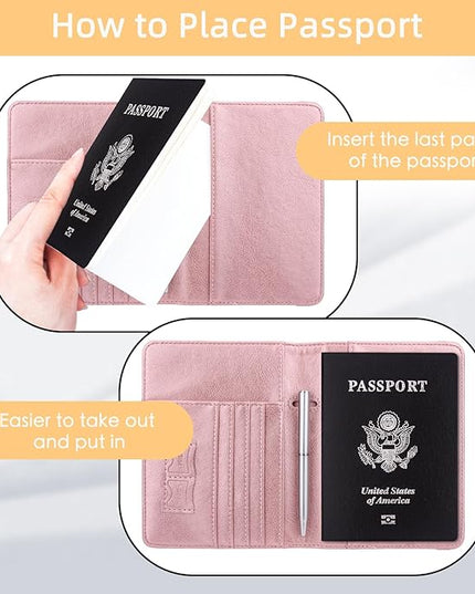 WALNEW Passport Holder for Travel, RFID Passport Cover Wallet for Women Men, PU Leather Passport Book Card Holder Case with Pen (Elastic Band Closure, C-Rosegold)
